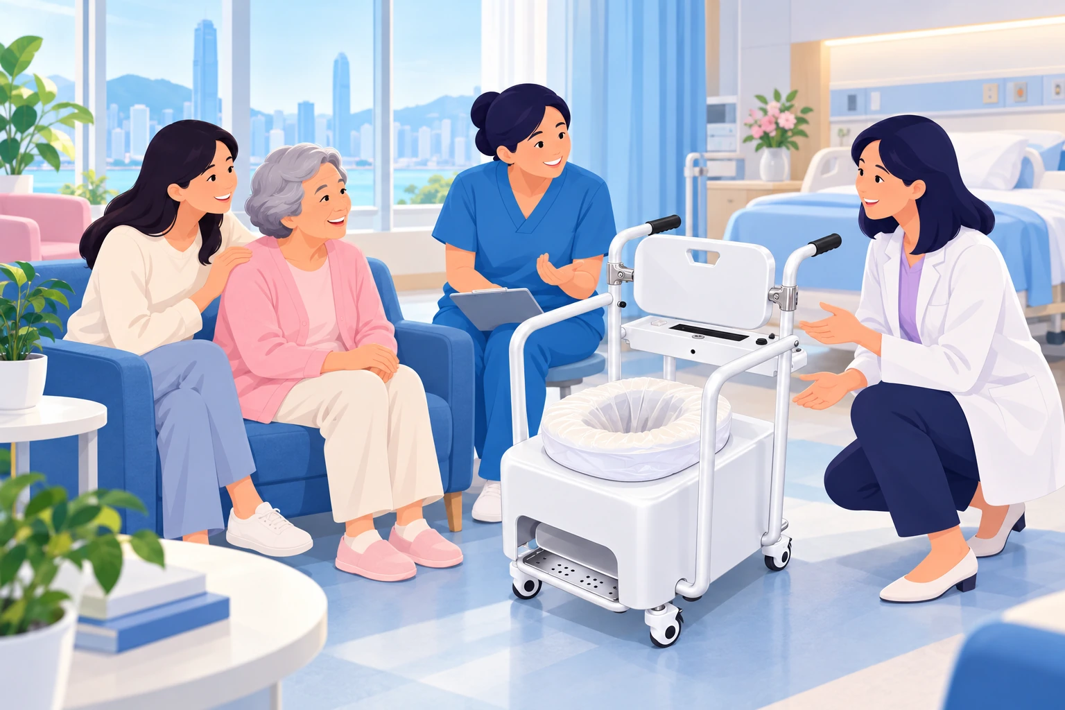 醫護團隊在明亮醫院與長者及家人一起體驗白色 ACR8，規劃貼心照顧