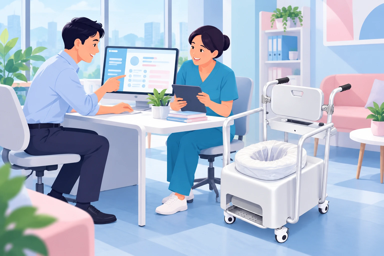 資訊科技與臨床同事在白色 ACR8 旁共同設計床邊使用記錄及照顧提示