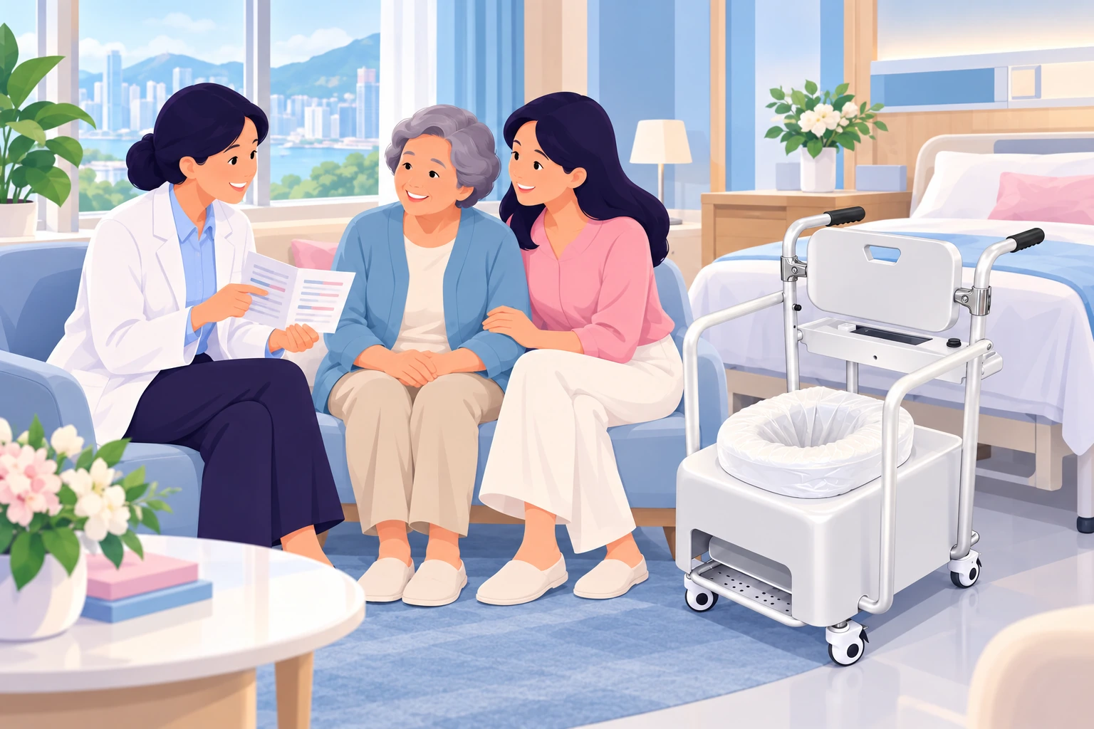 藥劑師與長者及家人在病床旁交流，白色 ACR8 在旁就位